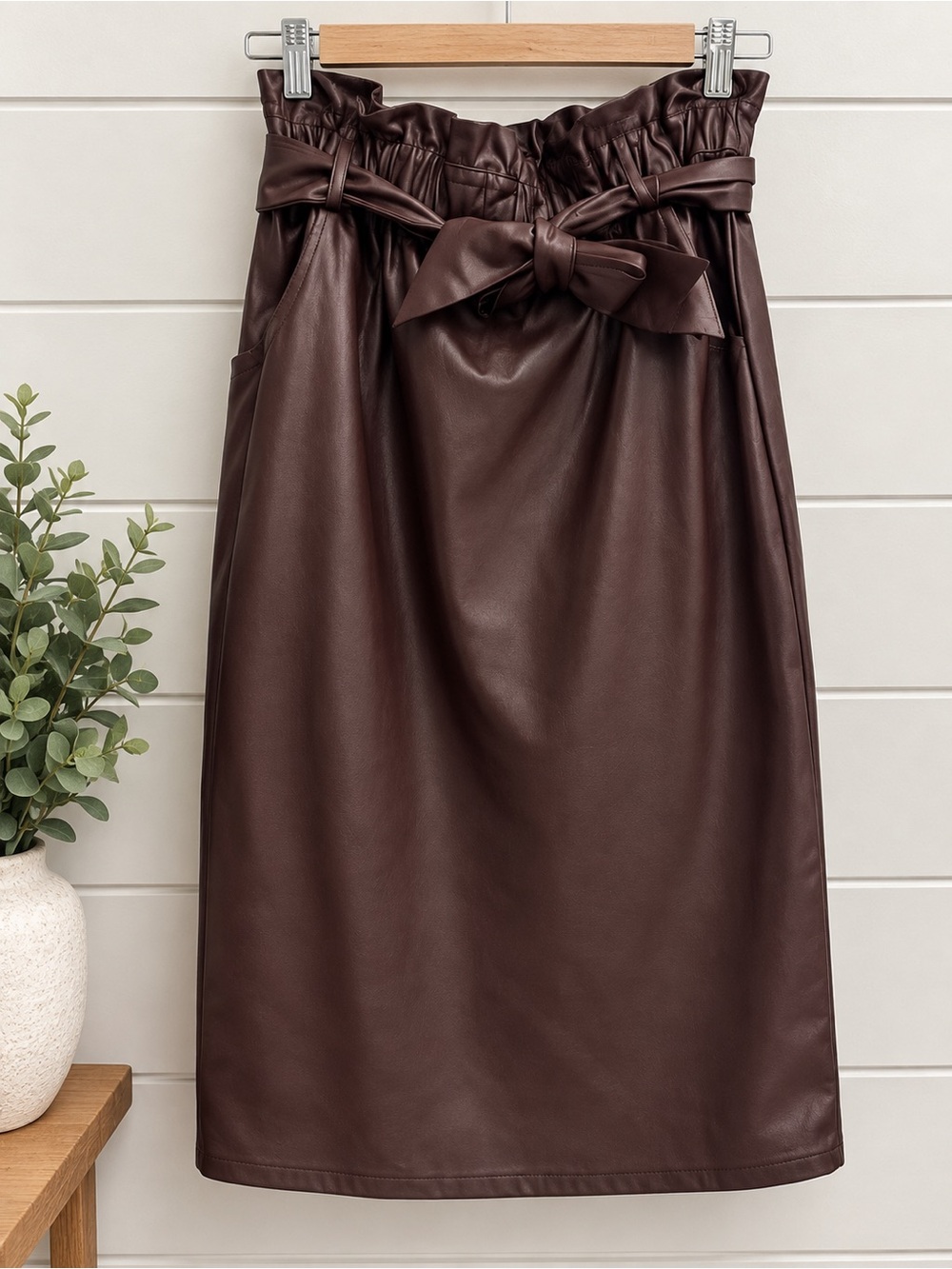 🤎 Faux Leather Paperbag Waist Midi Skirt